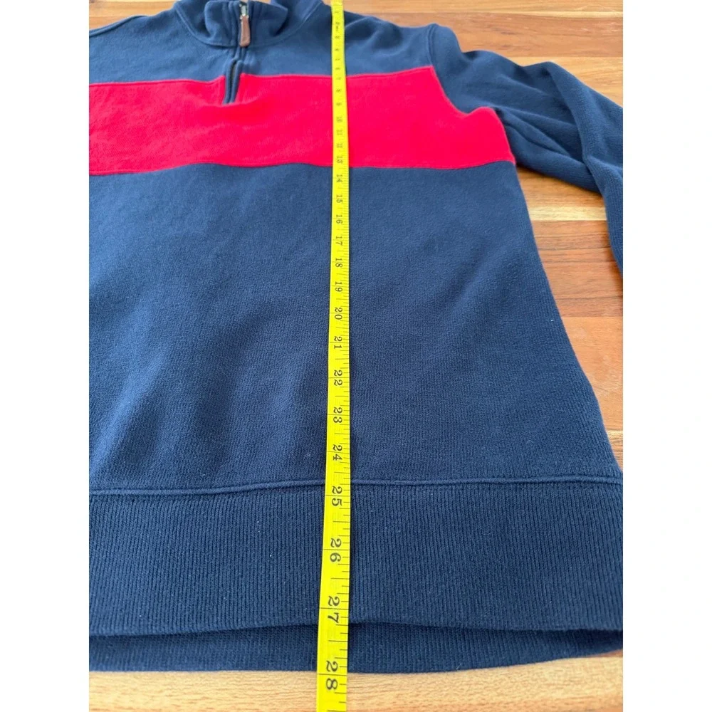 Lands End Mens Medium 100% Cotton Quarter Zip Colorblock Navy Blue Red Sweater